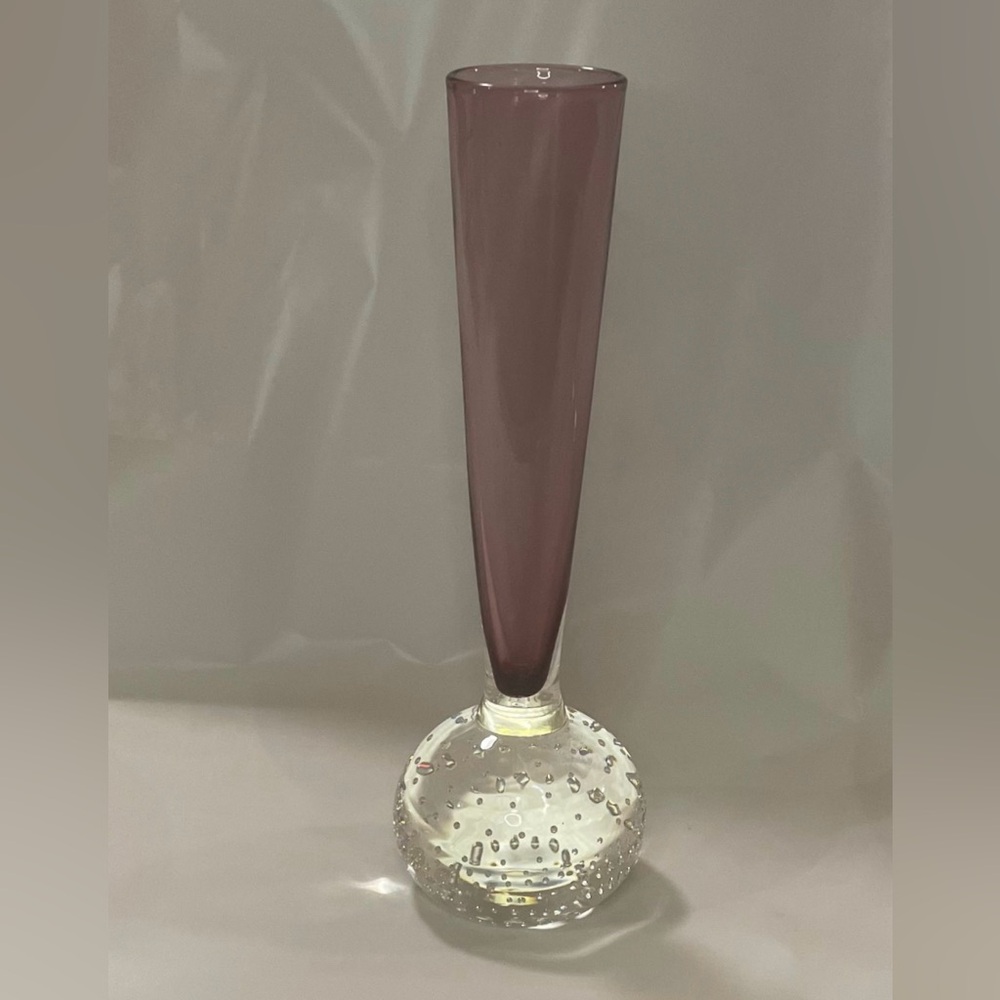 Mid-Century Modern Amethyst Art Glass Bud Vase With A Bullicante Base.
